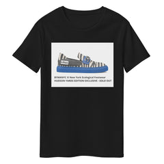 Black t-shirt with a graphic of striped shoes and text on a white background