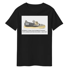 Black t-shirt with a graphic of a sneaker and text on a white background