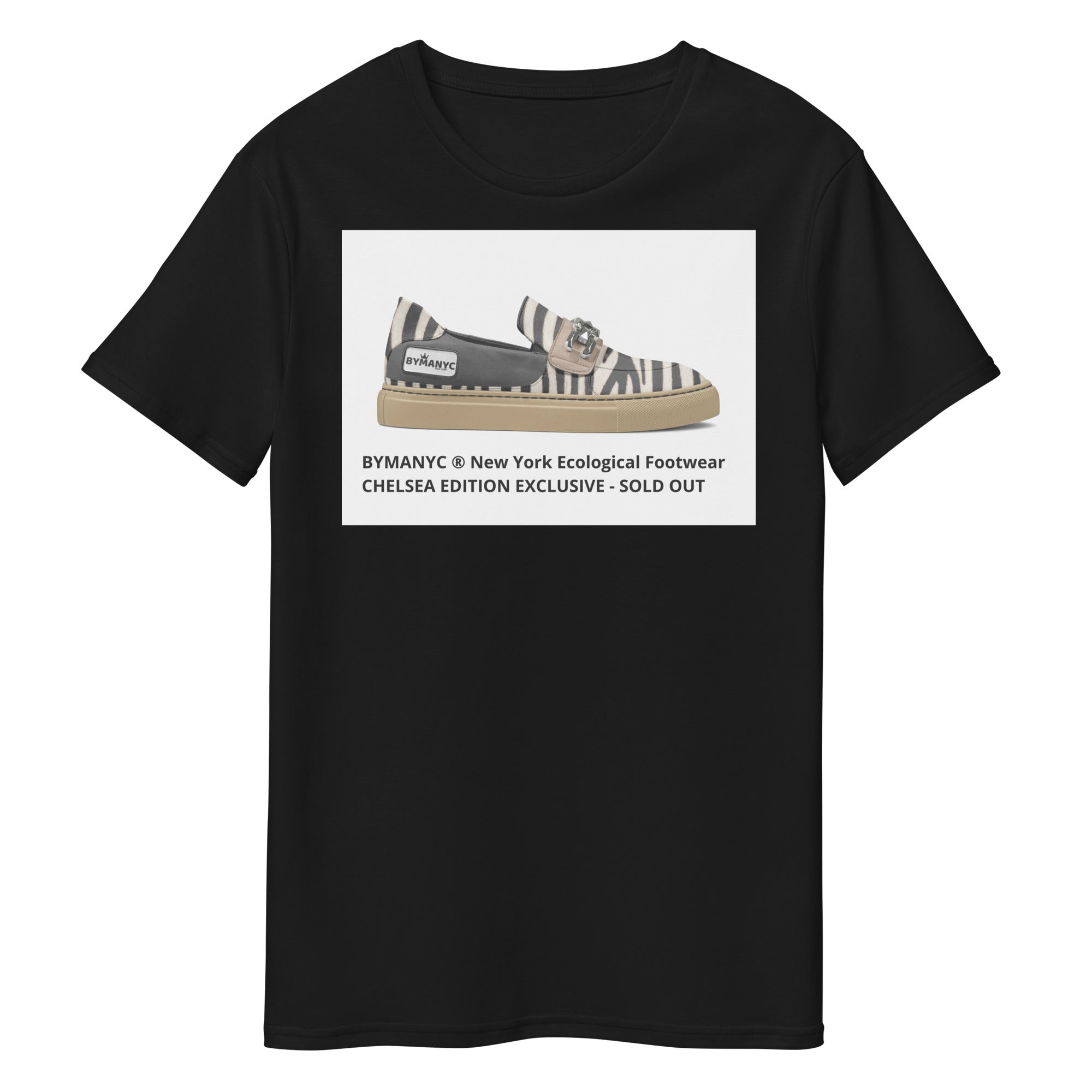 Black t-shirt with a graphic of a shoe and text on a white background