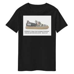 Black t-shirt with a graphic of a shoe and text on a white background
