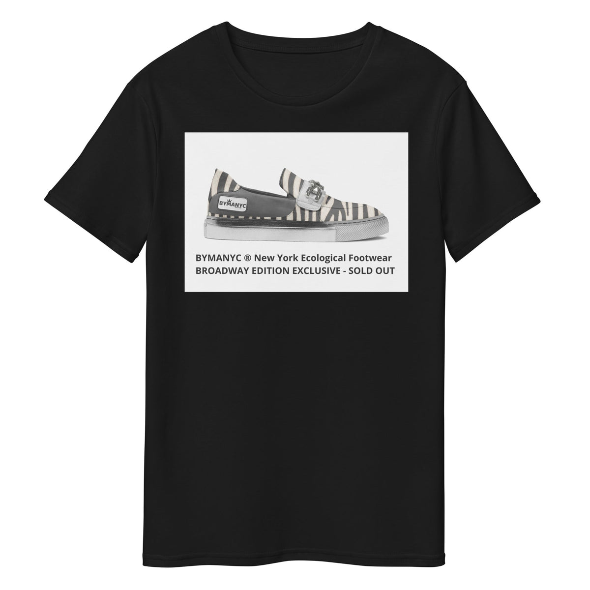 Black t-shirt with zebra-striped shoe graphic and text on a white background