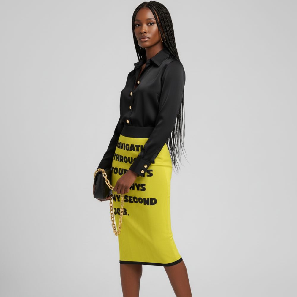 Woman wearing a black shirt and yellow skirt with text on a gray background