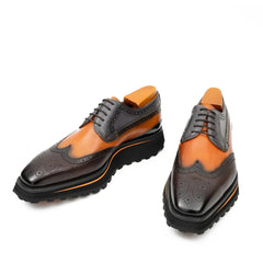 Thick-soled calfskin formal brogue derby shoes Blue