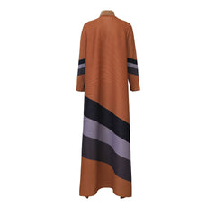 Brown dress with black and purple stripes on a white background