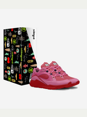 Pink sneakers with a patterned box on a white background
