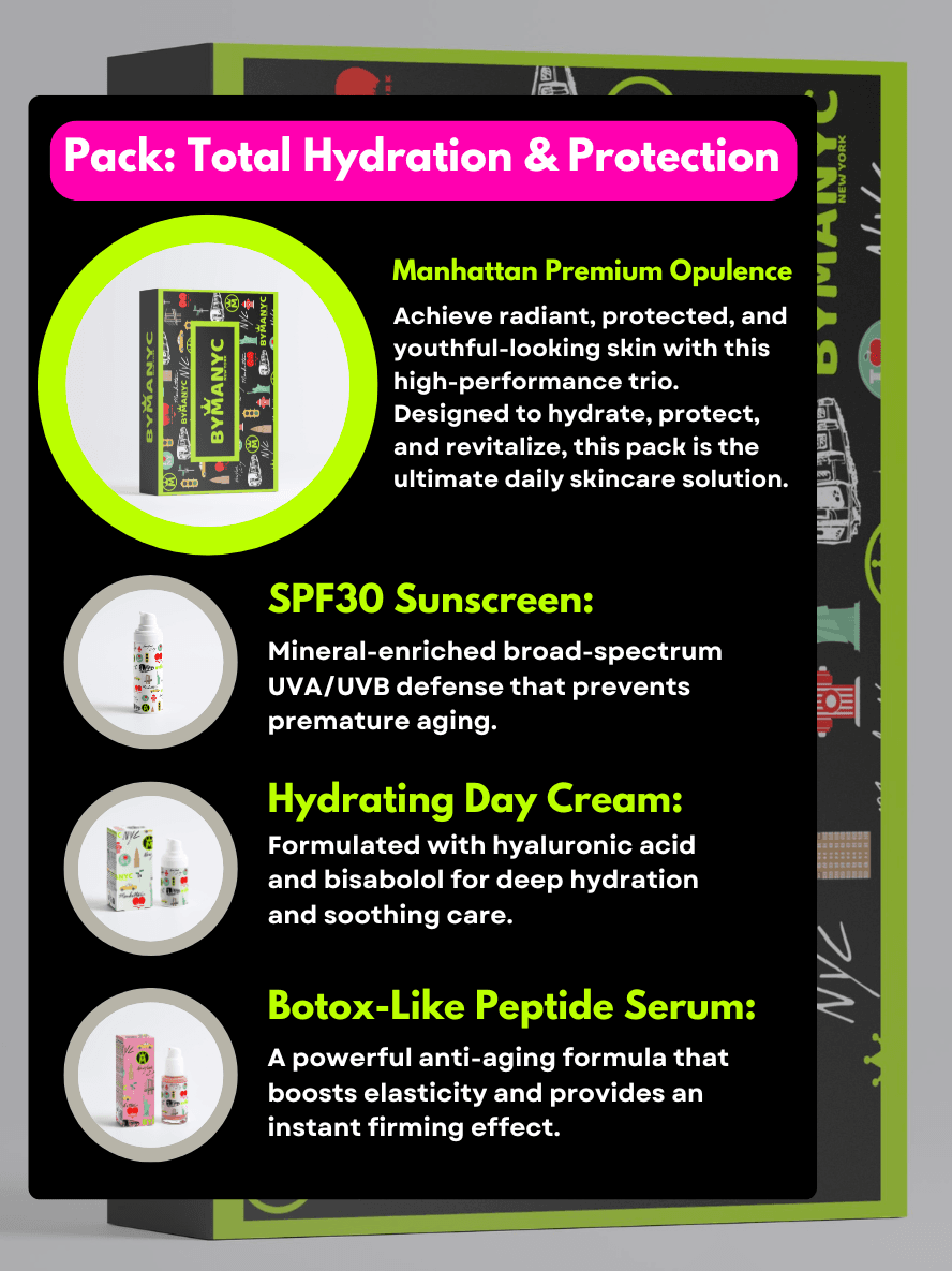 Skincare product packaging with SPF30 sunscreen, hydrating day cream, and peptide serum on a black background.