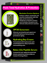 Skincare product packaging with SPF30 sunscreen, hydrating day cream, and peptide serum on a black background.
