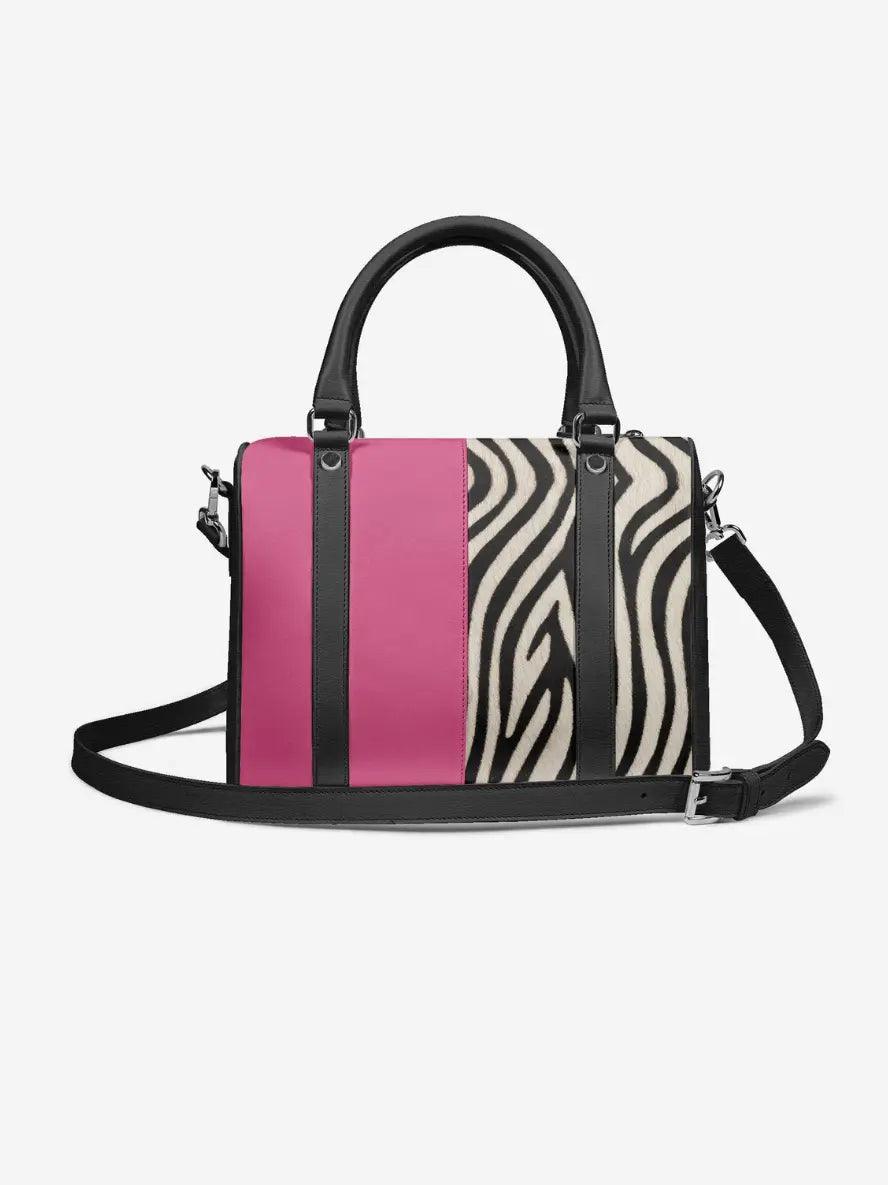 Handbag with pink and zebra pattern design on a white background
