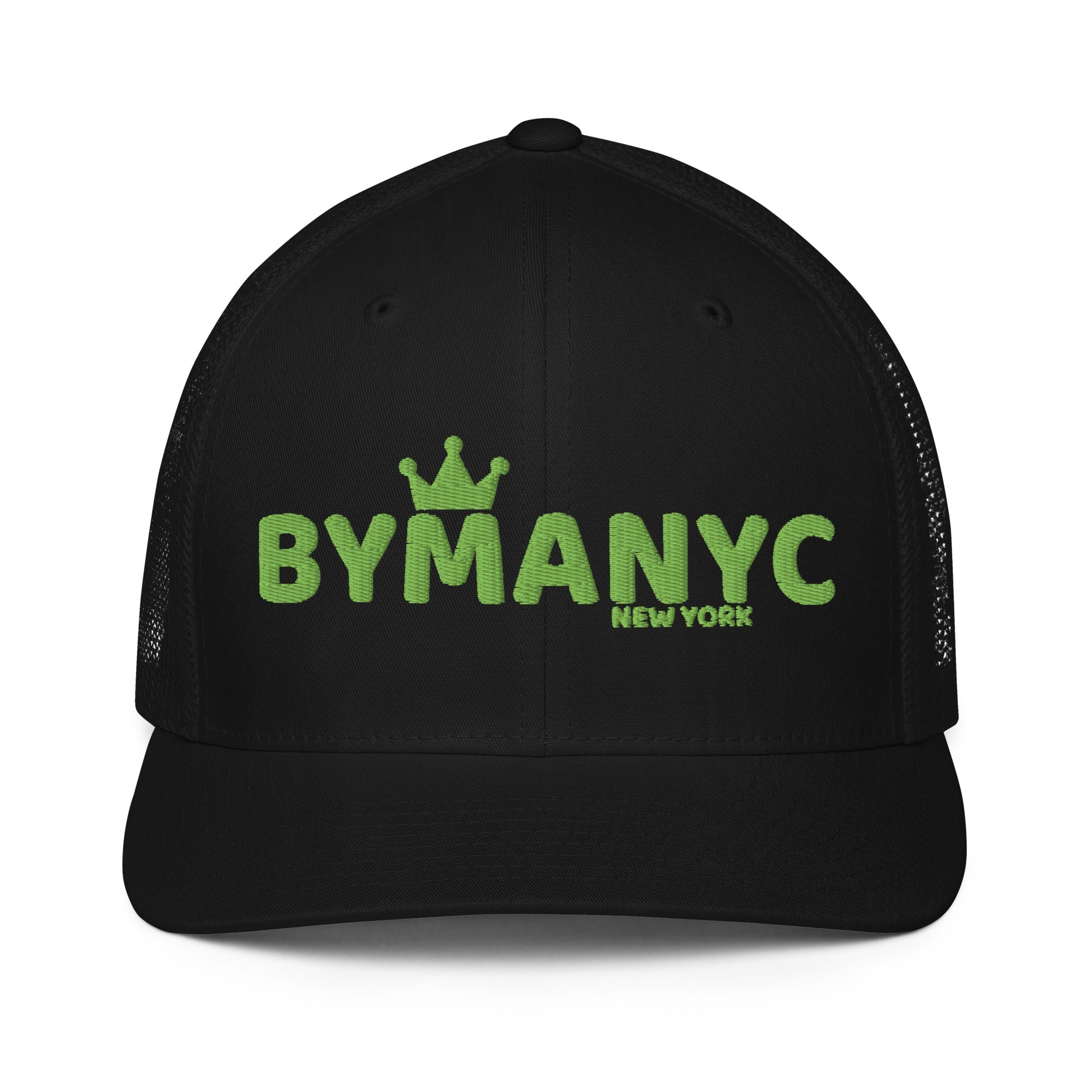 Black cap with green 'BYMANYC New York' text on a white background