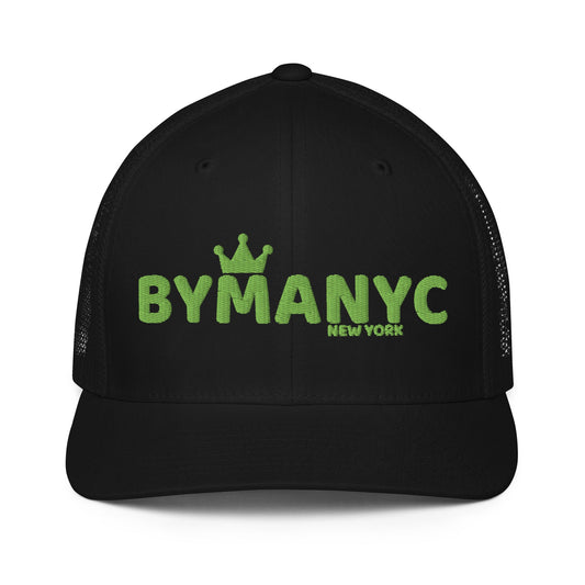 Black cap with green 'BYMANYC New York' text on a white background