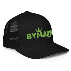 Black cap with green text and logo on a white background