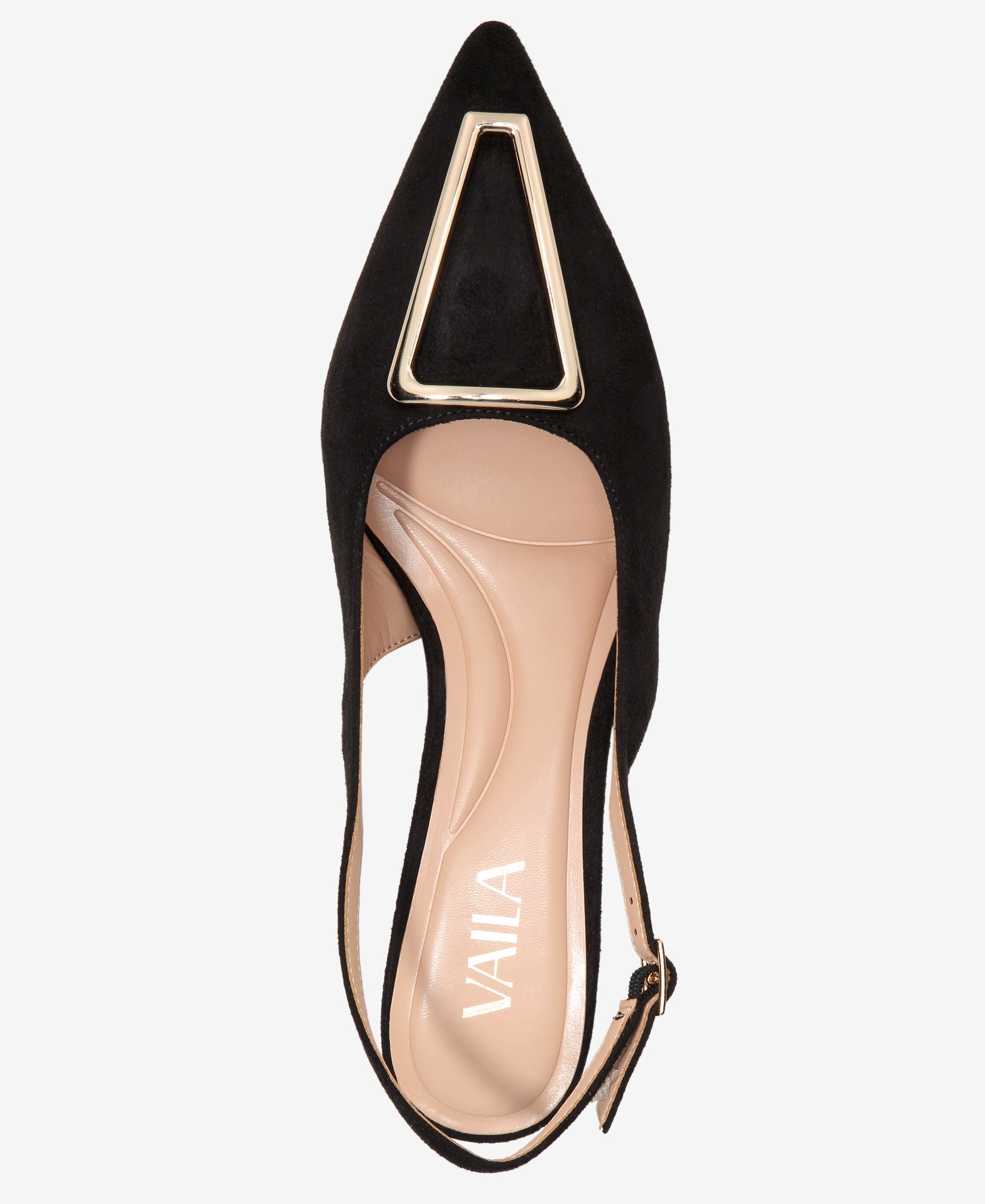 Black high-heeled shoe with gold accent on a white background