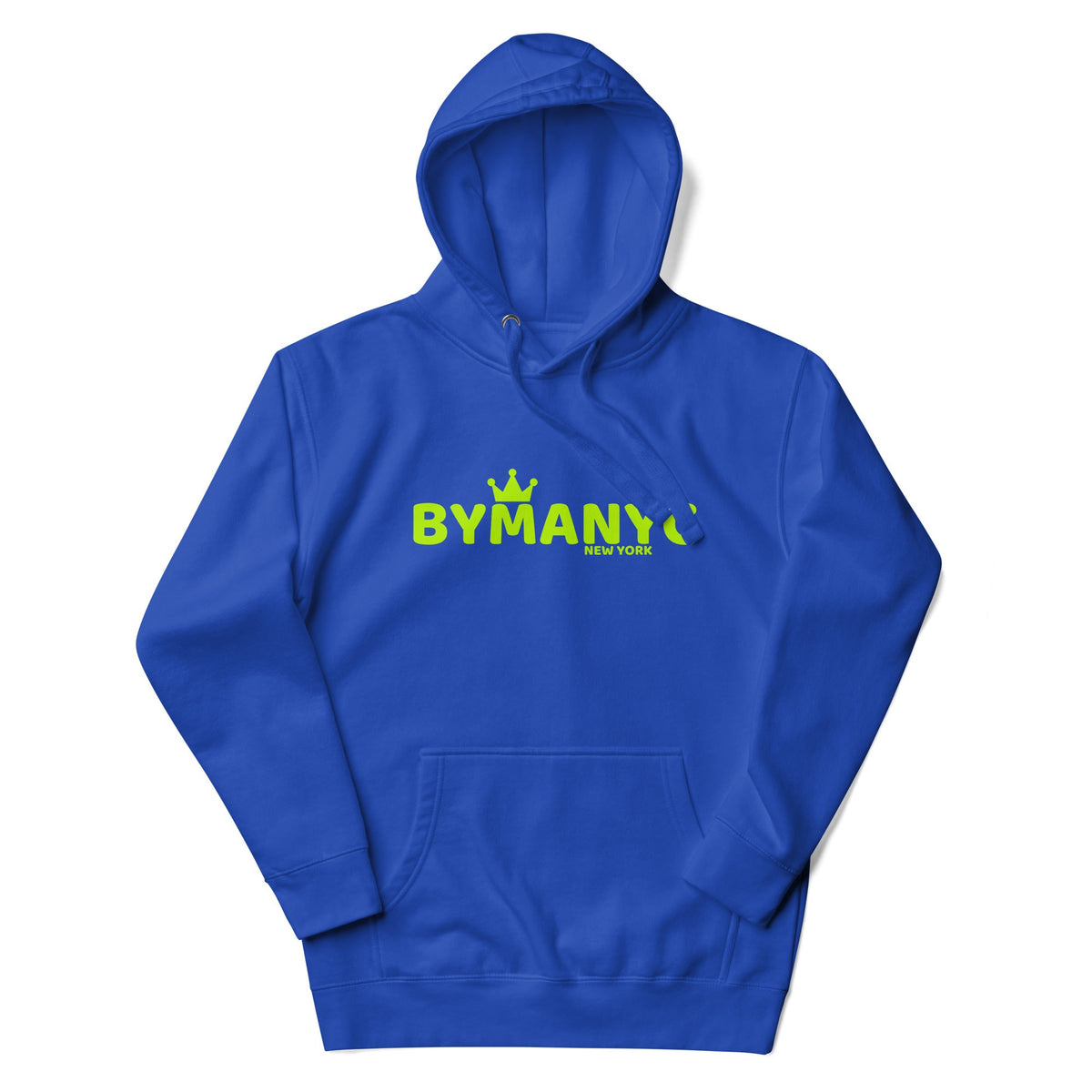 Blue hoodie with green 'BVMANYC' logo on a white background