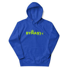 Blue hoodie with green 'BVMANYC' logo on a white background