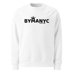 White sweatshirt with 'BYMANYC New York' text on a white background