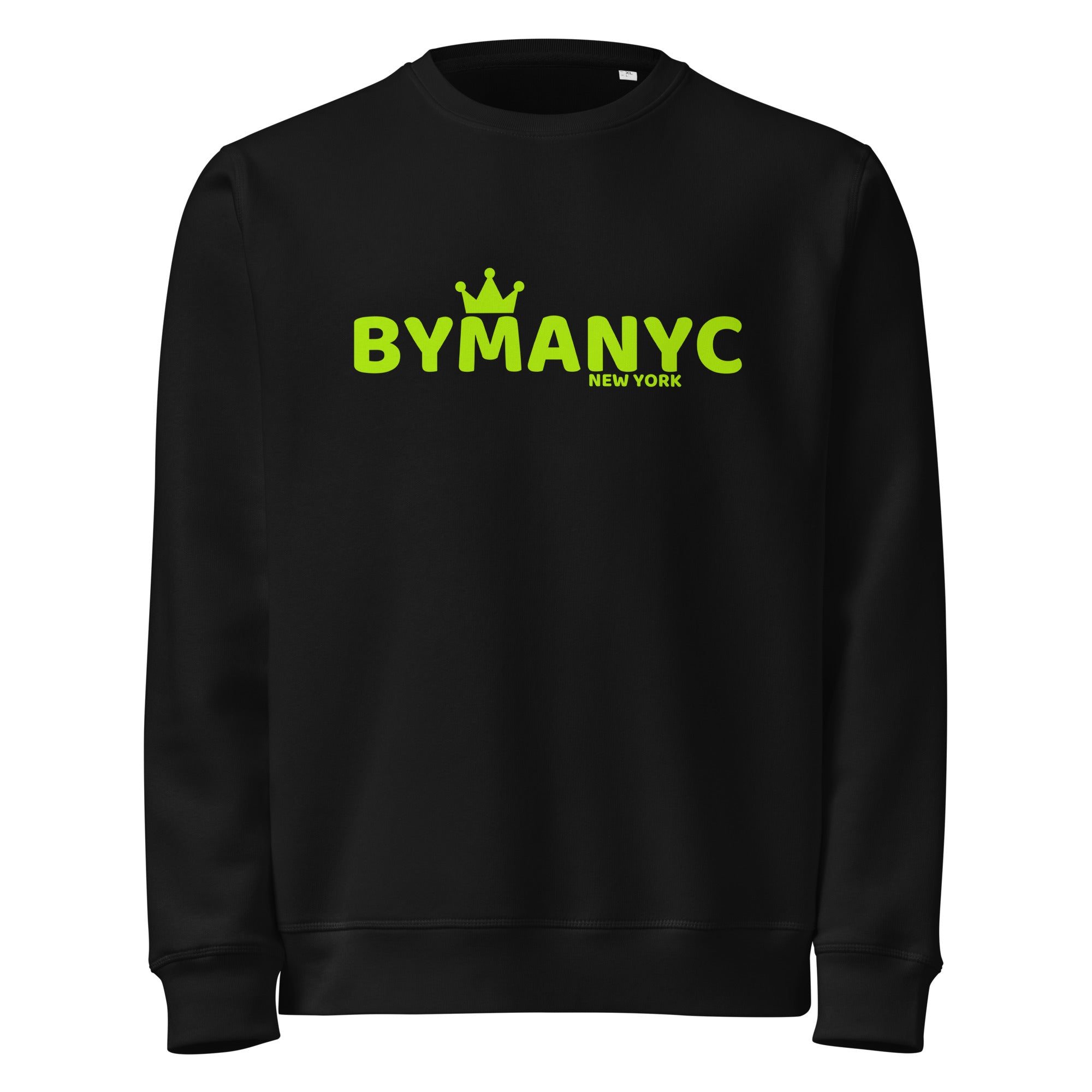 Black sweatshirt with yellow 'BYMANYC' text on a white background