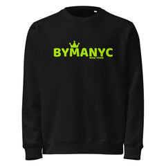 Black sweatshirt with yellow 'BYMANYC' text on a white background