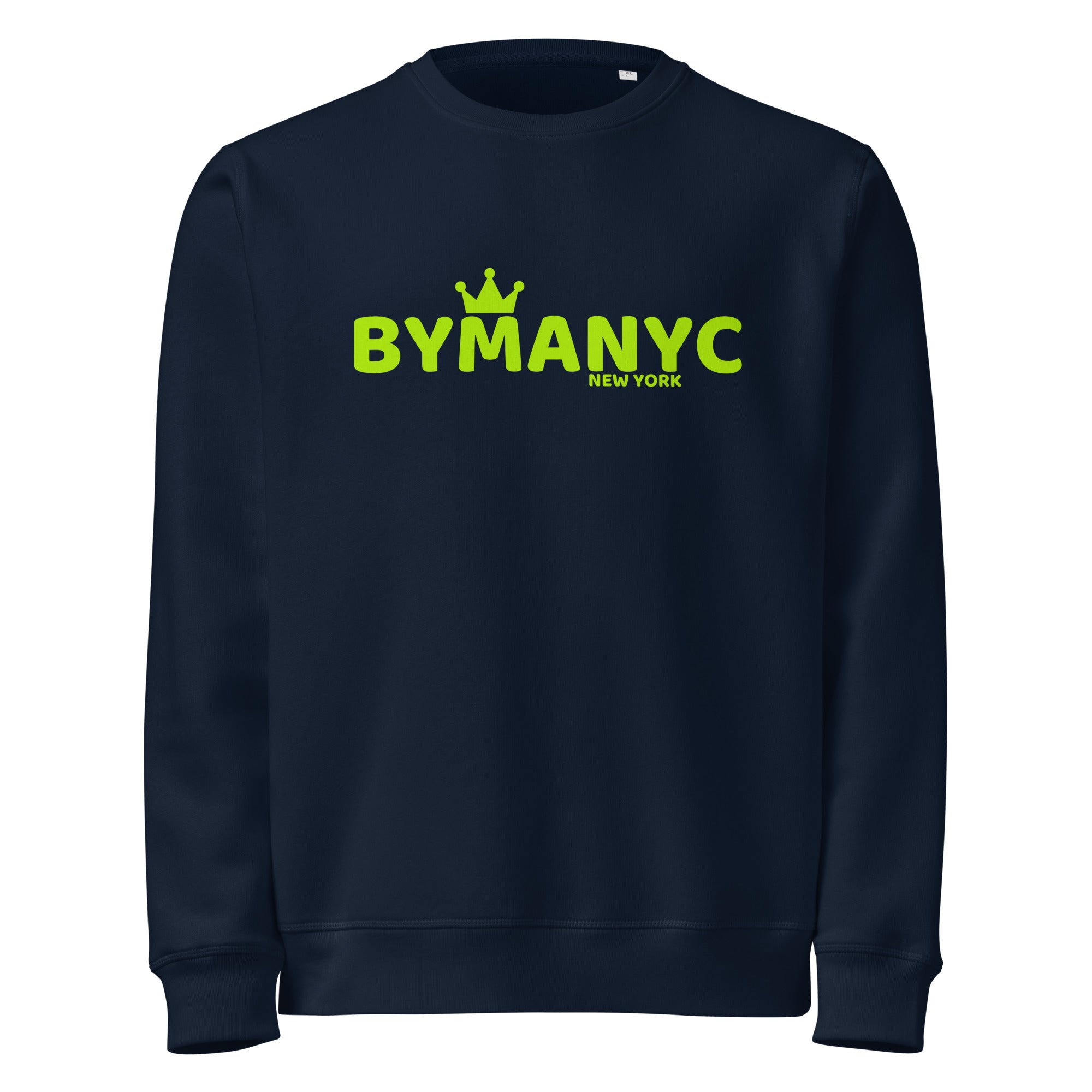 Navy blue sweatshirt with green 'BYMANYC NEW YORK' text on a white background