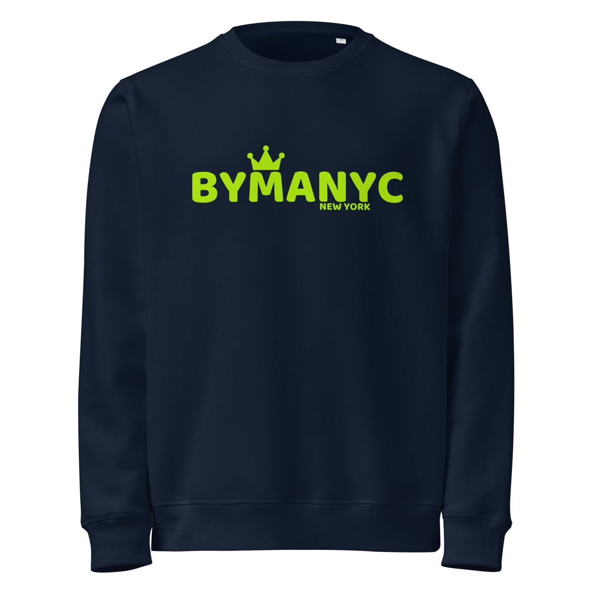 Navy blue sweatshirt with green 'BYMANYC NEW YORK' text on a white background