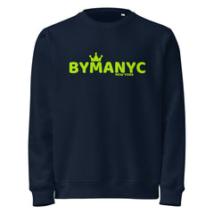 Navy blue sweatshirt with green 'BYMANYC NEW YORK' text on a white background