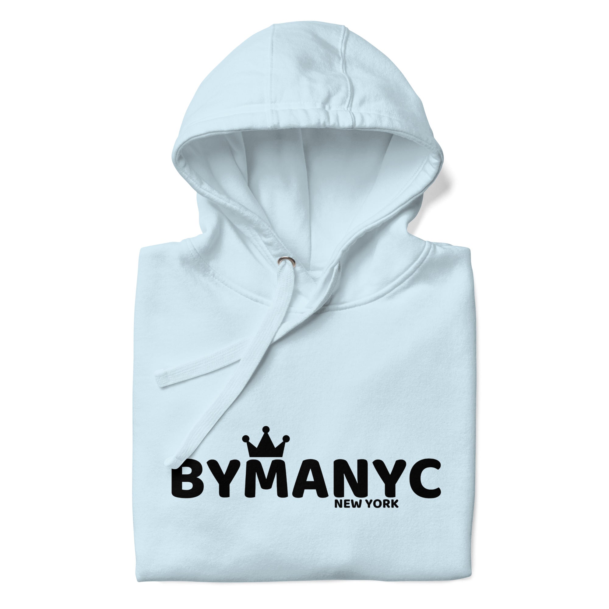 Light blue hoodie with 'BY MANYC NEW YORK' text on a white background