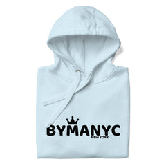 Light blue hoodie with 'BY MANYC NEW YORK' text on a white background