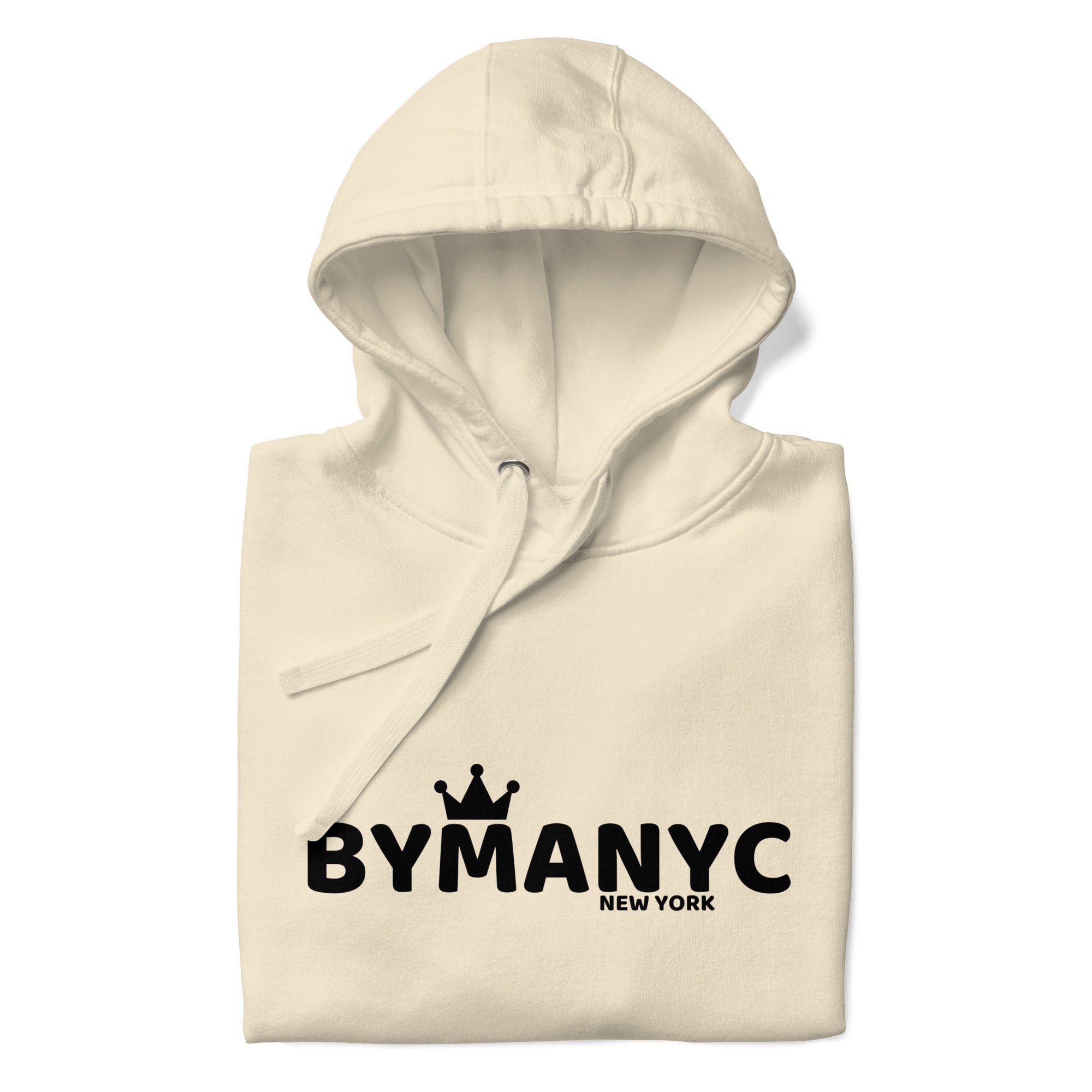 Beige hoodie with 'BY MANYC NEW YORK' text on a white background