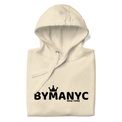 Beige hoodie with 'BY MANYC NEW YORK' text on a white background