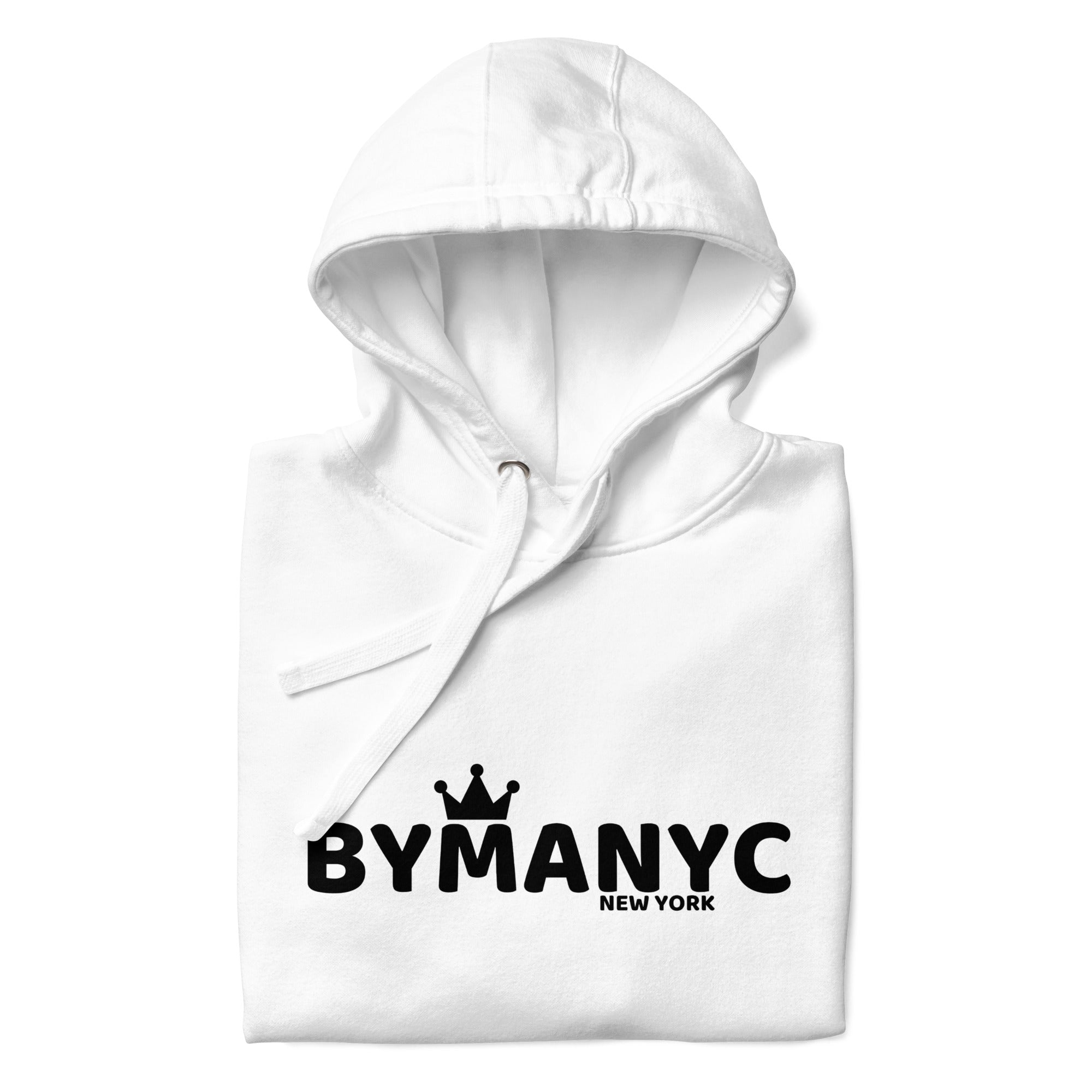 White hoodie with 'BYMANYC NEW YORK' text on a white background