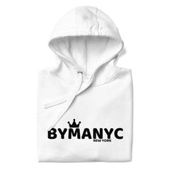 White hoodie with 'BYMANYC NEW YORK' text on a white background