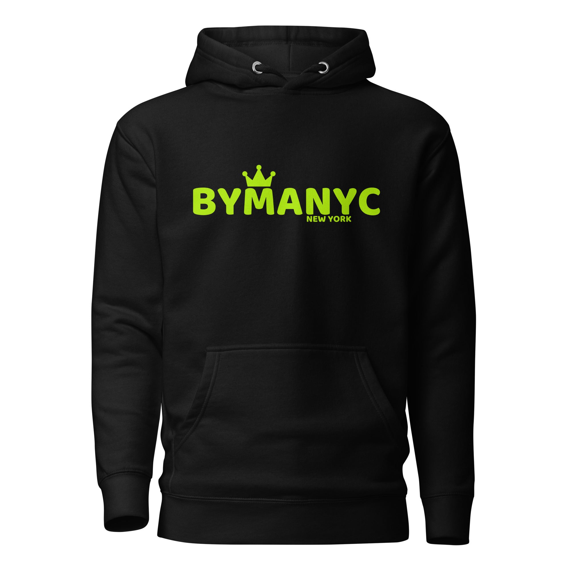 Black hoodie with 'BYMANYC' text in yellow on a white background