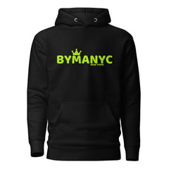 Black hoodie with 'BYMANYC' text in yellow on a white background