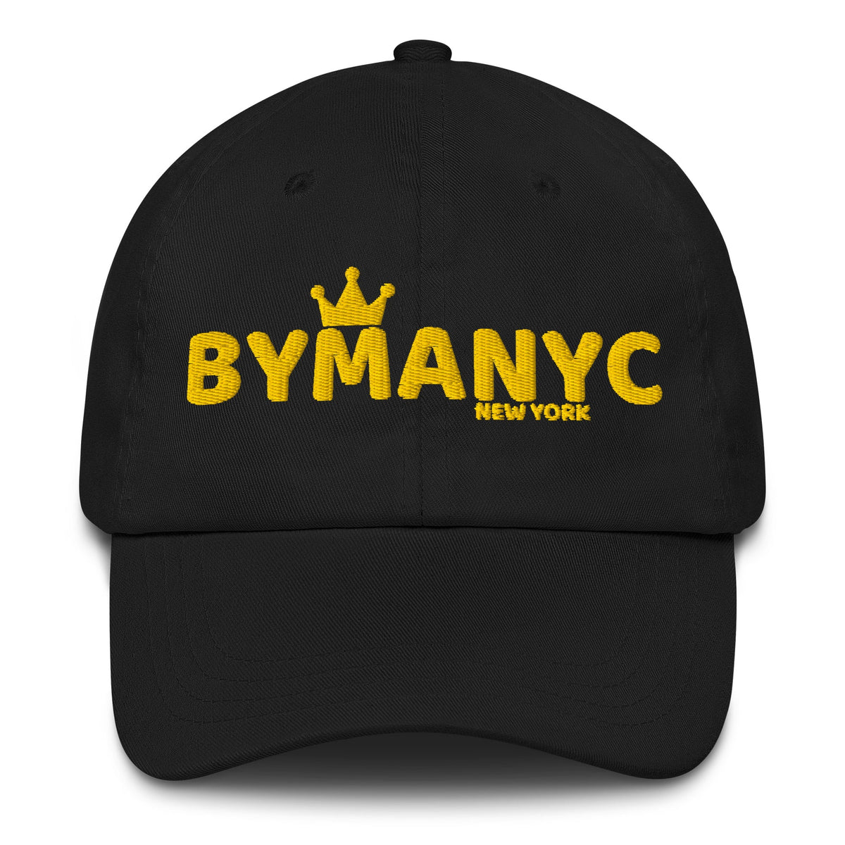 Black cap with yellow 'BYMANYC New York' text on a white background