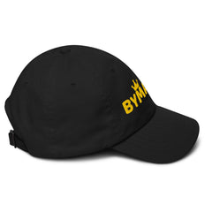 Black cap with yellow 'BYM' logo on a white background