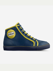 Navy high-top sneaker with yellow accents on a white background