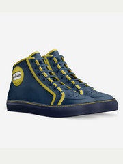 Blue high-top sneakers with yellow accents on a white background