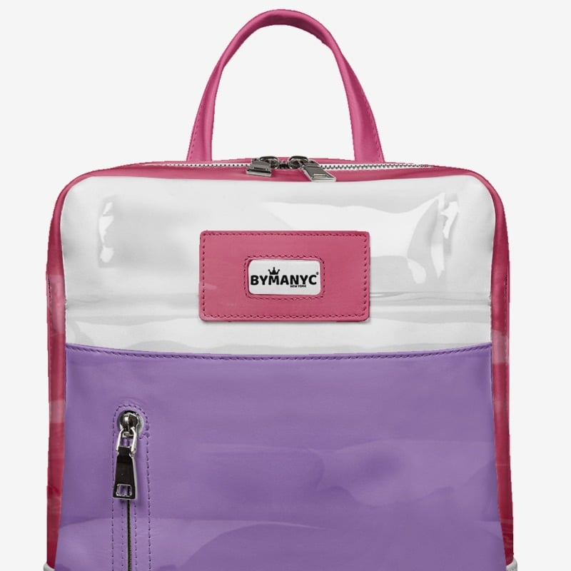 Purple and white backpack with pink accents and By Many brand logo on a white background
