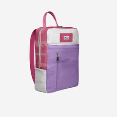 Purple and pink backpack with a visible brand logo on a white background