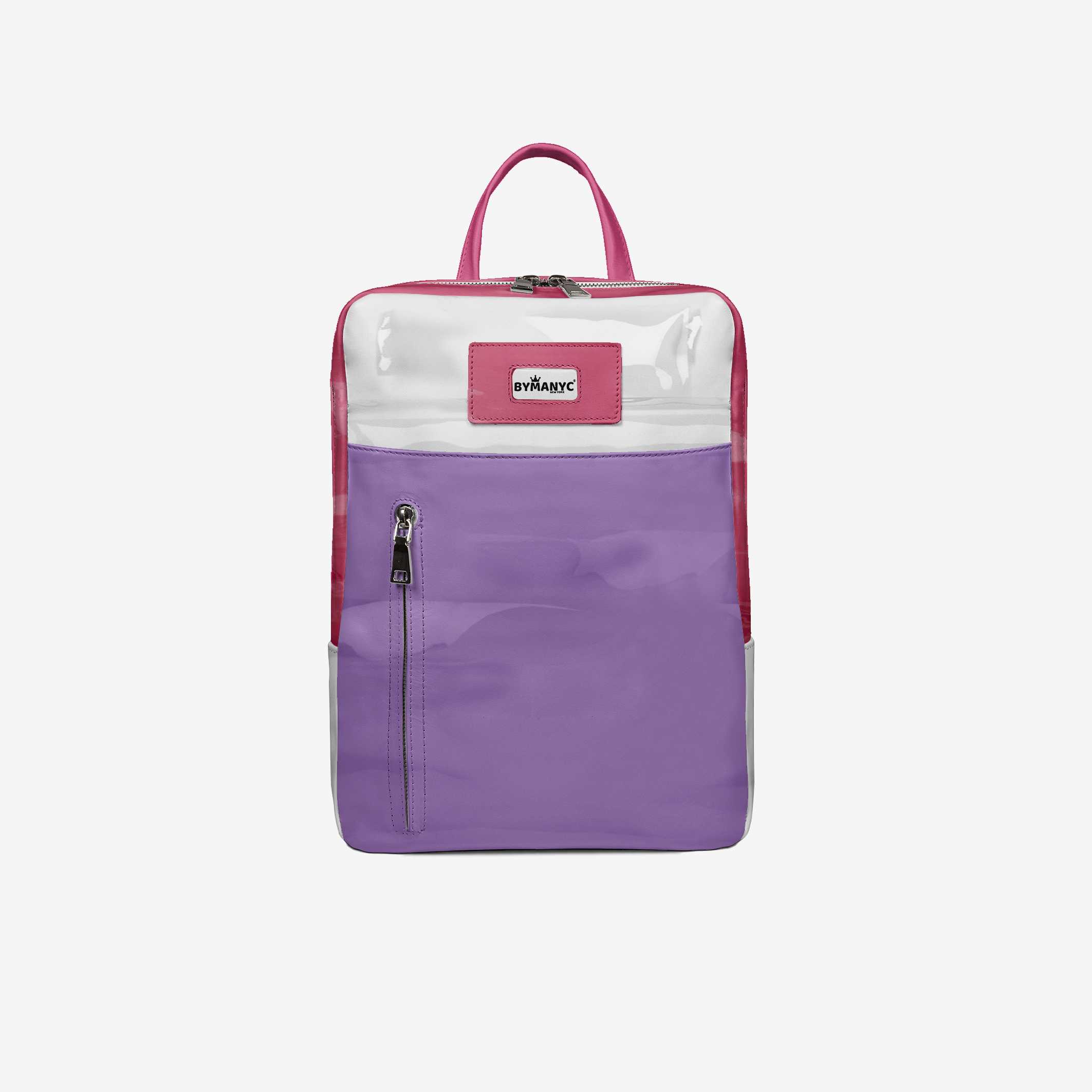 Purple and pink backpack with a visible brand logo on a white background