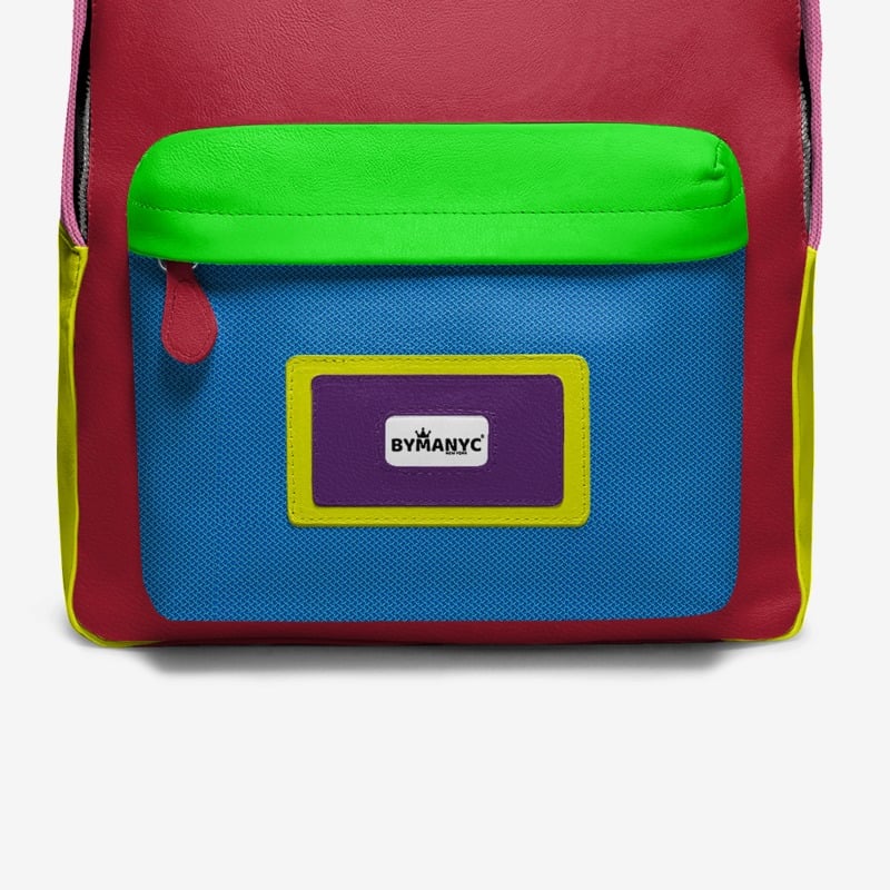 Colorful backpack with a By Many logo on a white background
