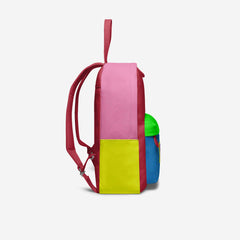 Colorful backpack with pink, yellow, and blue sections on a white background