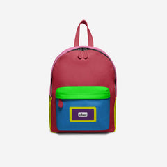 Colorful backpack with a visible brand logo on a white background