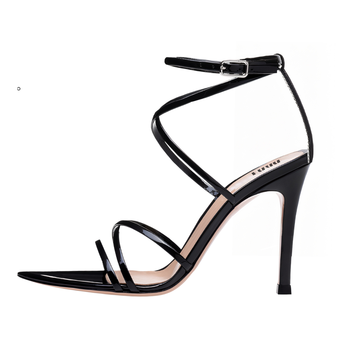 Black high-heeled sandal with thin straps on a white background