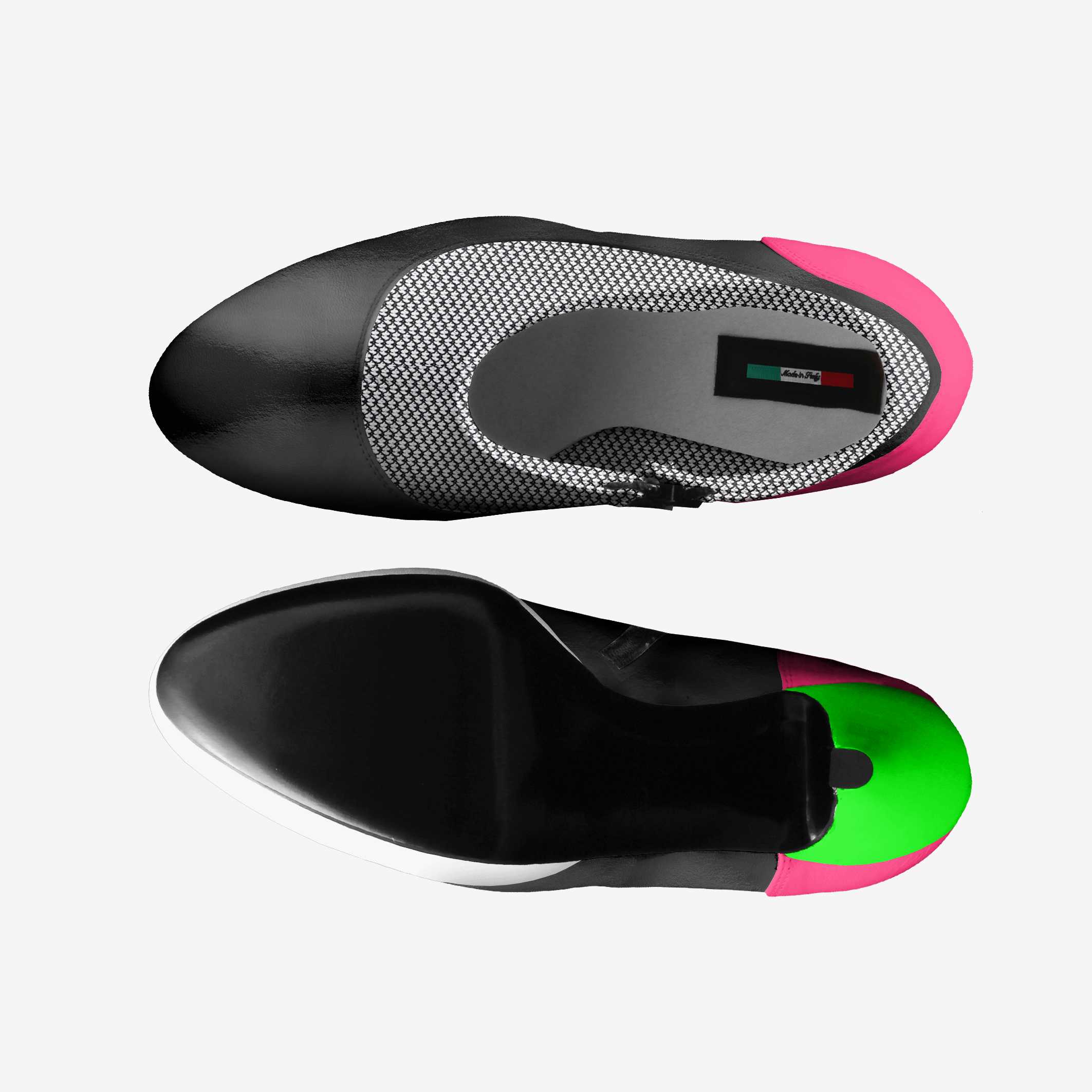 Black shoe insole with pink and green accents on a white background