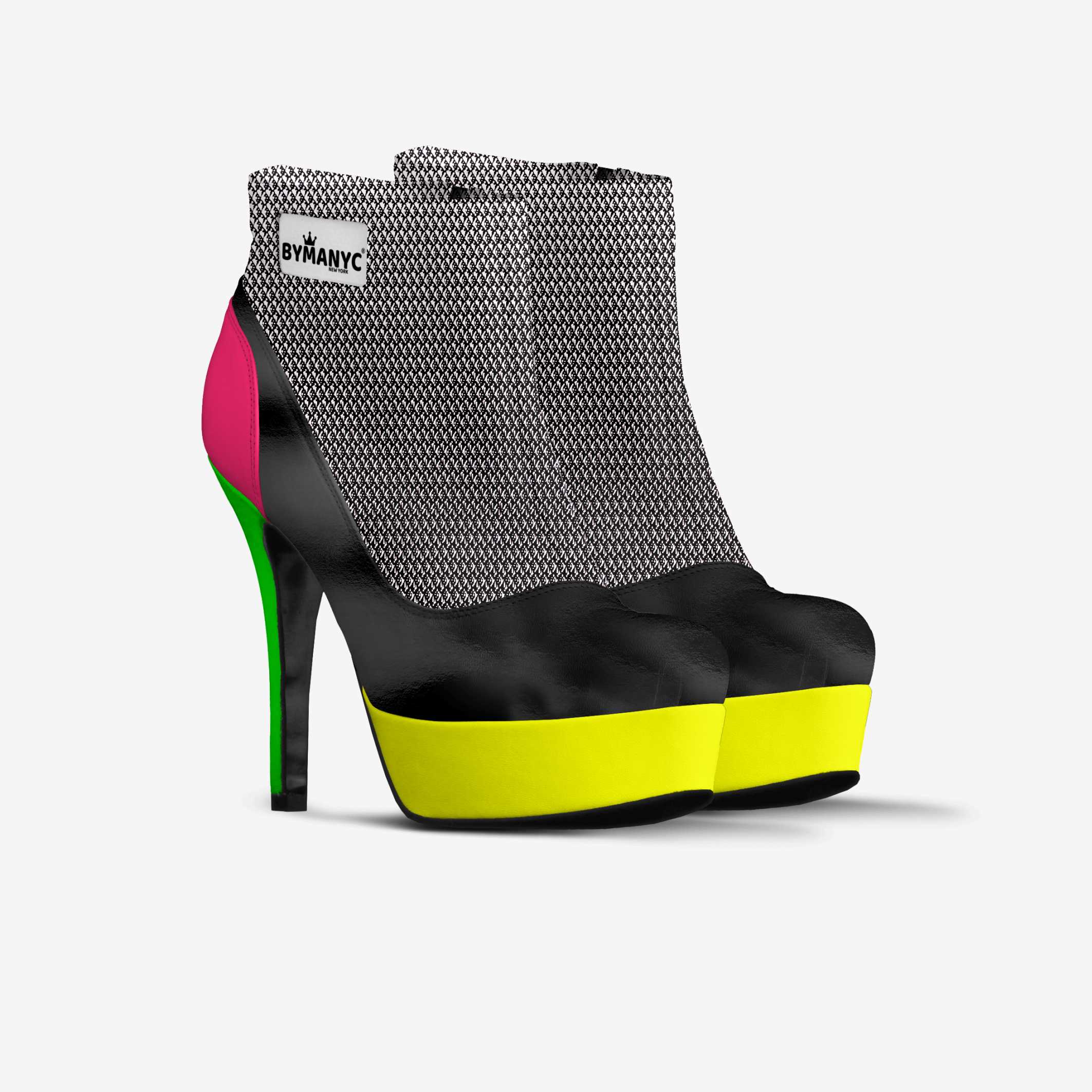 High-heeled shoe with colorful platform and textured upper on a white background