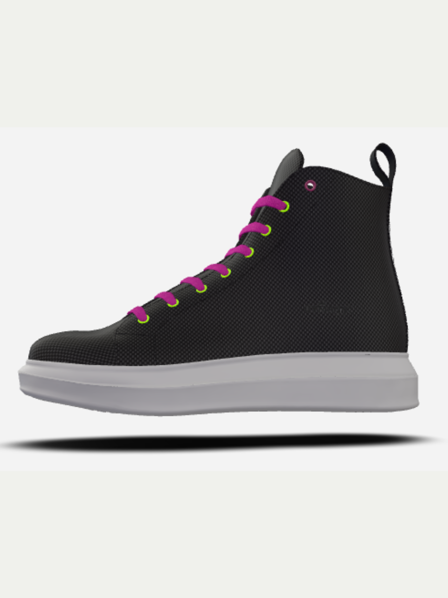 Black high-top sneaker with pink and yellow laces on a white background