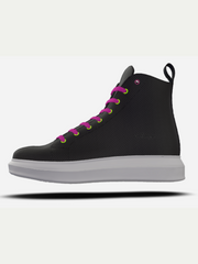 Black high-top sneaker with pink and yellow laces on a white background