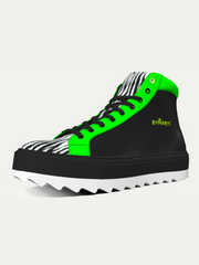 Black and green sneaker with zebra pattern on a white background