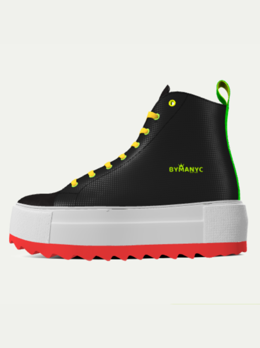 Black high-top sneaker with yellow laces and red sole on a white background