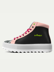 Black high-top sneaker with pink and yellow accents on a white background